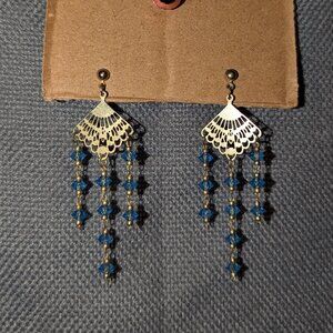 Gold Fan Blue beaded Dangle Earrings